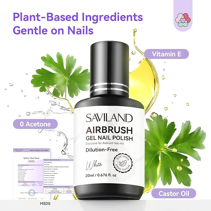 SAVILAND Dilution-Free Airbrush Gel Nail Polish Hema-Free: 20ml 0-Acetone 6PCS White Nail Polish for Airbrush Pure Formula No Clogging Gel Airbrush Paint for Nails Coverage for Ombre Nail Art Salon