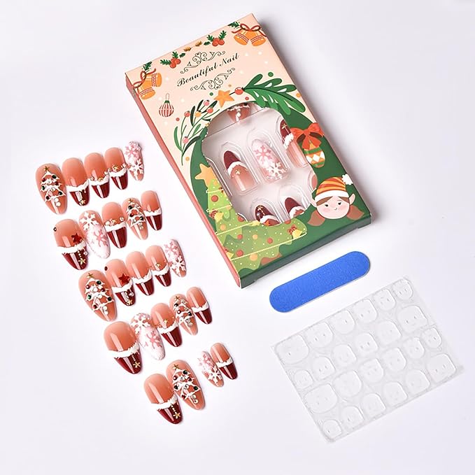 Christmas Press on Nails Medium Almond French Tip Fake Nails Xmas Tree Stick On Nails with 3d Star Pearl Rhinestones Designs Winter Snowflake Full Cover False Nails for Women Manicure Decoration 24pcs