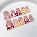 10Pcs Press on Nails Handmade Medium Duck Fake Nails 3D Flower Nails Press Ons wtih 3D Starfish Design Pink Leopard French Tip False Nails Luxury Reusable Acrylic Stick on Nail for Women (Size M)