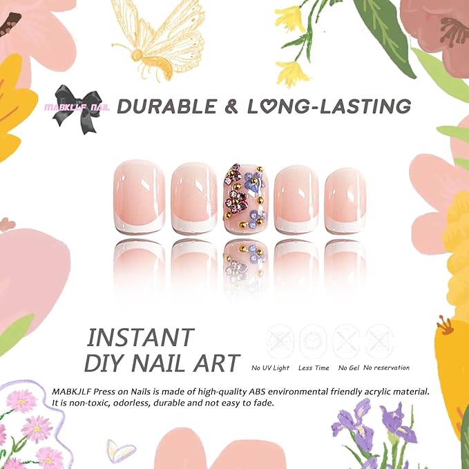 Press on Nails Short Square MABKJLF Fake Nail White French Tip False Nails with Rhinestones Flower Gold Ball Designs Glossy Glue on Nail Spring Full Cover Acrylic Nails for Women Girls 24Pcs
