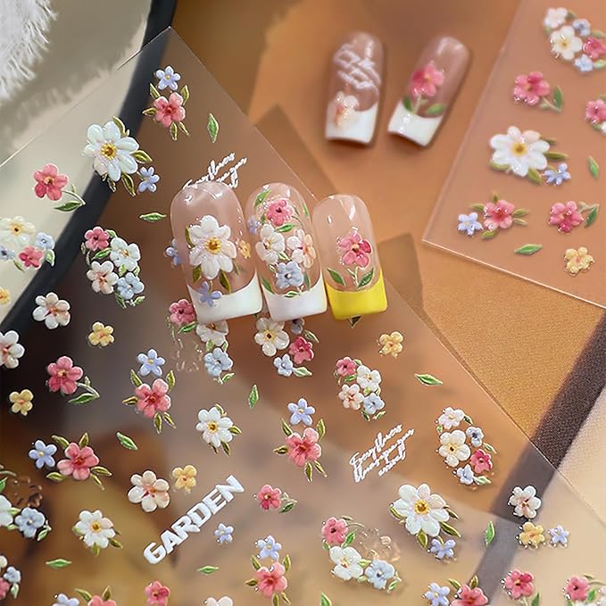1 Sheets Cute Spring Flower Nail Decals for Nail Art Embossed Small Flowers Leaf Nail Art Stickers 5D Self-Adhesive Spring Nail Design Decals Blue Yellow White Pink Floral Nail Stickers for Women