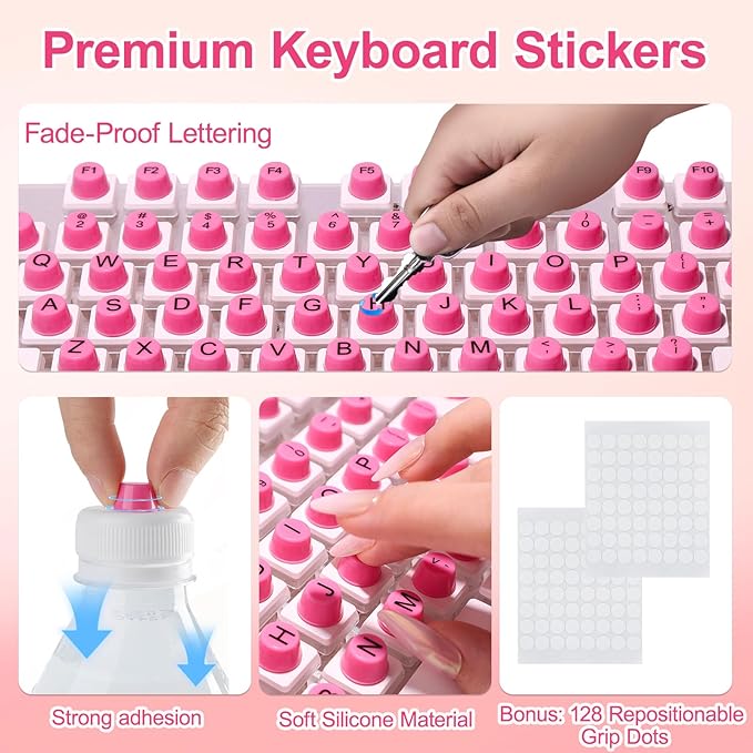 128Pcs Raised Keyboard Stickers for Long Nails with Letters, Soft Silicone Keyboard Bubbles for Women, Nail Art Typing Keycaps for Desktops (Pink, 128pcs)