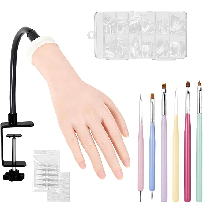 Nail Practice Hand, Practice Hand for Acrylic Nails - Flexible Right Hand Kit | 140 Tips, Glue, 6 Brushes, Clamp Stand | Manicure Training Tools for Beginners & Pros