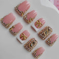 Duck Press on Nails Handmade Fake Nails Pink with Rhinestones and Bow Design for Women 10pcs M Size Pattern 1102