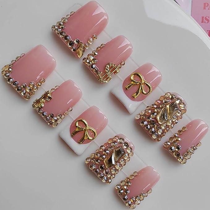 Duck Press on Nails Handmade Fake Nails Pink with Rhinestones and Bow Design for Women 10pcs M Size Pattern 1102