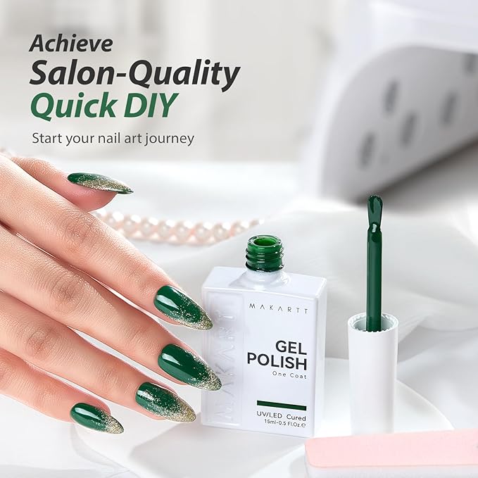 Makartt Ultra-Pigmented Green Gel Nail Polish 15ml One N'Done Gel Polish One-Coat Soak Off High-Gloss Ceramic Shine, Salon-Grade UV Nail Art Manicure DIY Salon Home - Evergreen Mood