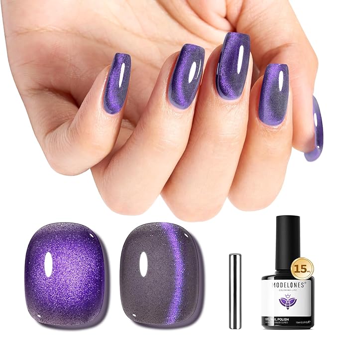 modelones Purple Cat Eye Gel Nail Polish Grey Purple Shimmer 9D Magnetic Cateye Gel Nail Polish UV LED Soak Off Nail Manicure 15ML