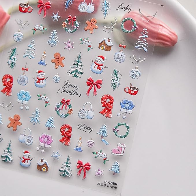 Christmas Nail Stickers Snowman Nail Art Stickers Xmas Tree Bear Nail Decals for Nails Art with Gingerbread Man Design Winter Nails Decals for Women Girls Kid Manicure Decoration Accessories
