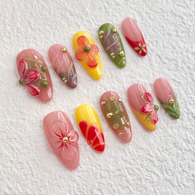 Luxury Press on Nails Medium Almond Handmade 3D Unique Reusable ABS Material Fake Nails French Tip False Nails with Designs Flower Water Drop Art Petal Glossy Glue on Nails Thick Acrylic Nails(S)