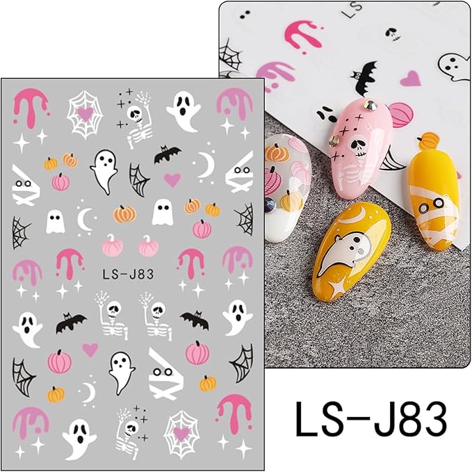 10 Sheets Halloween Nail Art Stickers Decals Cute White Ghost Nail Stickers Pumpkin Bat Spider Web Nails Decal Self-Adhesive Skull Flower Nails Art Decals for Women Halloween Decor