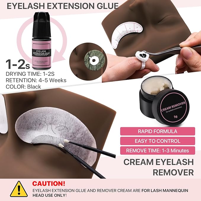 Pretty memory Eyelash Extension Kit for Beginners, 343 Pcs Lash Extension Kit with Everything Includes 2 Mannequin Heads Facial Mister Tweezers Glue USB Fan for Practice Training, Black