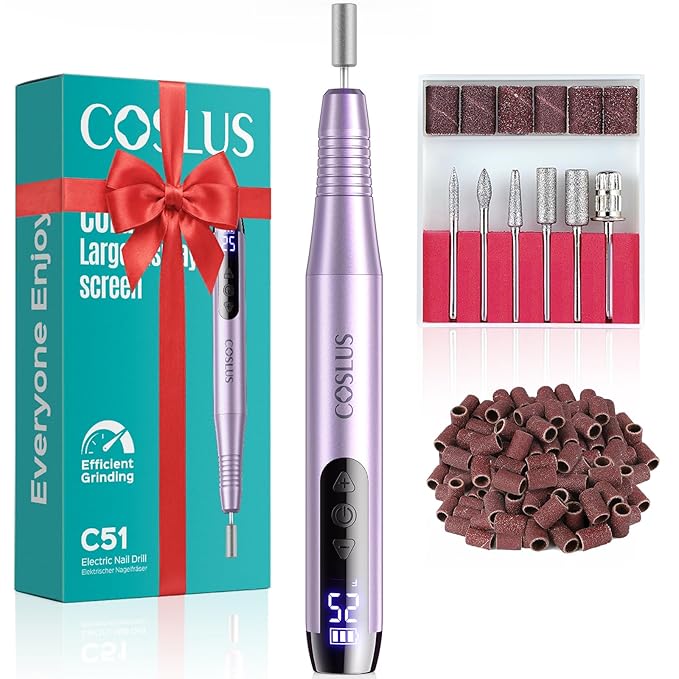 COSLUS C51 Electric Cordless Nail Drill: Professional Nail File with LED Screen & 25 Speeds for Acrylic Gel Dip Powder Removal, Beginner-Friendly for Home DIY & Salon, Portable for Travel, Purple