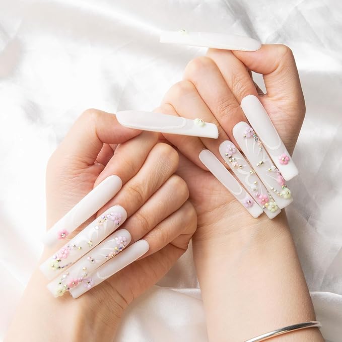 LOVFUL Press on Nails Rococo | Handmade with Full Covered Crystals | Reusable Fake Nails | Square | H94-S, pink