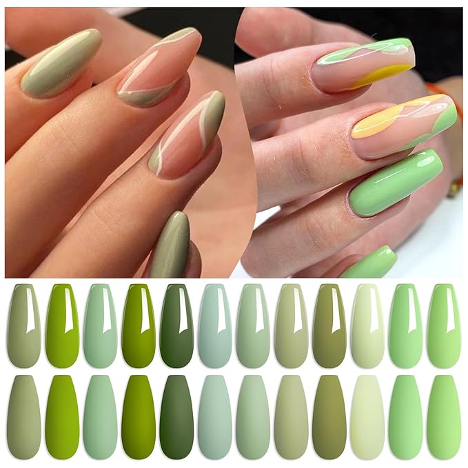 MTSSII Green Gel Nail Polish Set 12 Pcs Sage Green Forest Green Gel Polish Lime Olive Emerald Green Nail Polish Soak Off Gel Nail Kit Holiday Gift Home DIY Salon for Women