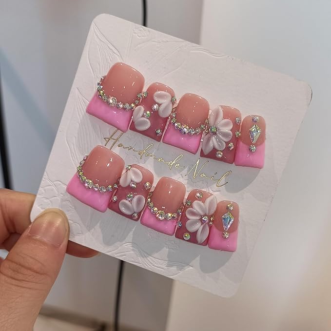 Duckbill Shape Handmade Press On Nails Kit,Pink French Floral Nails with 3D Flowers Diamond Designs,Glazed Donut Nude Pink Fake Nails with Tools,Elegant French Tip Duckbill Nails with Gems(S)