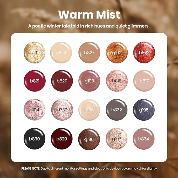 Beetles Gel Nail Polish Set - 20 Colors Warm Mist Gel Nail Kit Burgundy Brown Nude Gold Glitter Gray Shimmer Soak Off Base&Top Coat Uv Led Home DIY Salon Nail Art Valentines Gift Set for Women