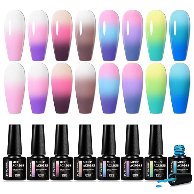 MEET ACROSS Color Changing Gel Nail Polish Kit, 8 Colors Pink Red Blue Purple Temperature Change Gel Polish Soak Off Uv Led Diy Nail Art Salon Manicure Gifts for Women