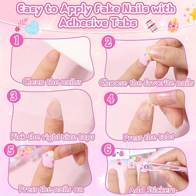 Press On Nails for Kids, 360 Pcs Almond Fake Nails for Girls, Heart Flower Nail Stickers, 3D Rhinestone Stickers Face Gems, Nail Art Kit for Girls Gift 8-12