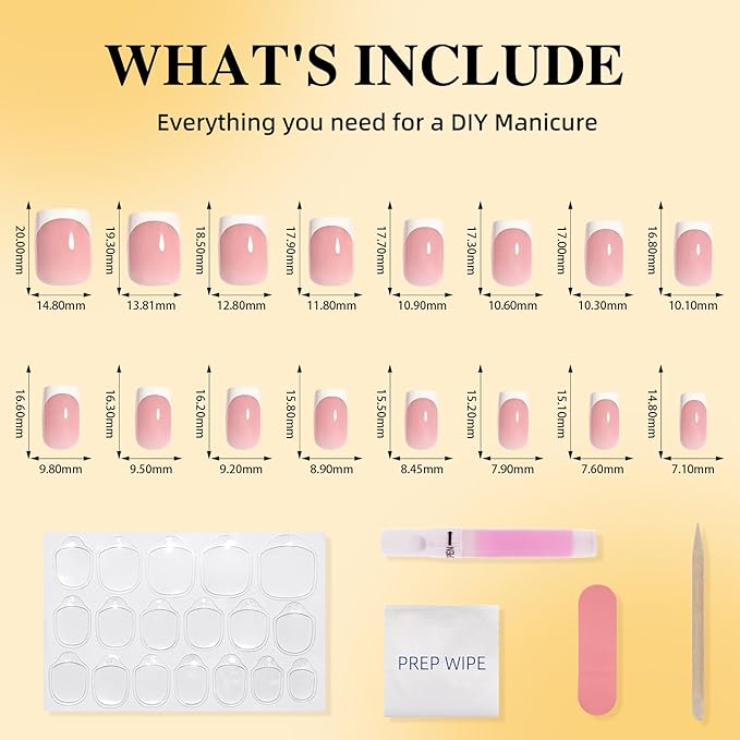 French Tip Press On Nails - Short Square Blush Pink Press on Nails Glossy Nails Press Ons for Women DIY Fake Nails Kit, Reusable Glue on Nails Short in 16 Sizes - 32pcs, Blush Tip