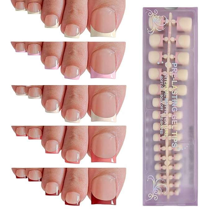 Press on Toenails Short, OPkssnails 150pcs Skin Tones French Tip Press On Toenails for Women, Pre-Designed Soft Gel Toe Nail Press Ons, Soak Off Acrylic Fake Toenail Extensions in 15 Sizes