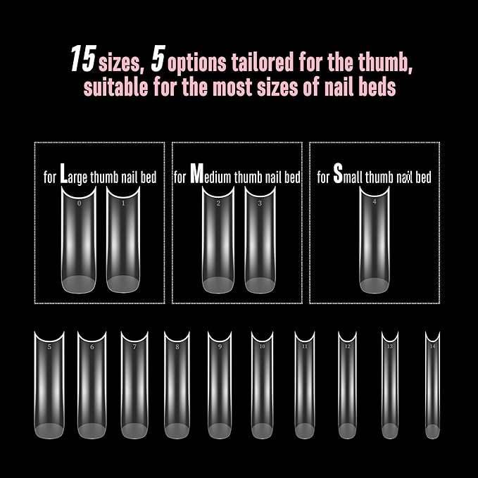 NOVO OVO Halloween XXL Square Nail Tips with Sharp Point & Moon Curve, Extra Thick False Nails Press on, matte Full Cover Soft Gel Extension French Tips Fake Nail Acrylic kit for DIY X 15 Size 180pcs