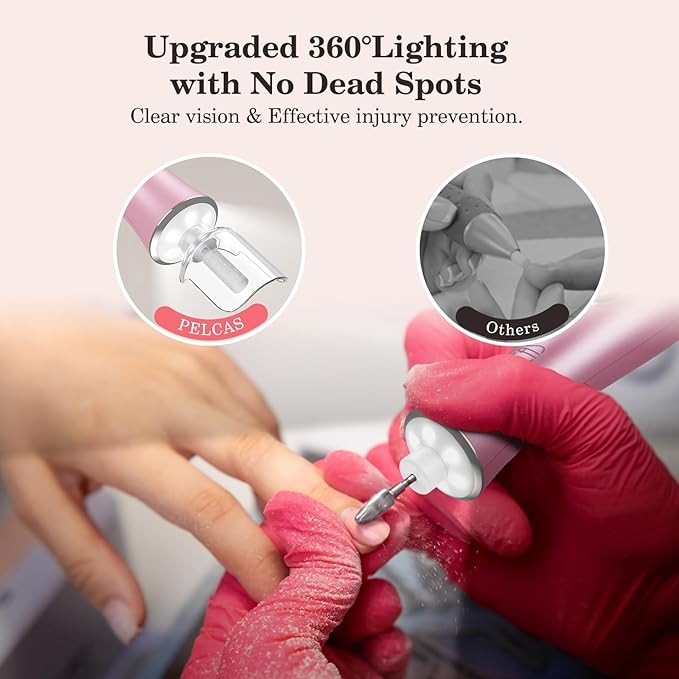 PELCAS Electric Nail File, 10 Speeds Cordless Nail Drill Kit with LED Light, Professional Nail Grinder with LCD Screen Portable e File for Human, Pet, Thick Toenails, Natural & Acrylic Nails Pink