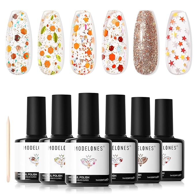 modelones Glitter Gel Nail Polish Set, 6 Colors Geometric Shapes Star Gold Glitter Ornament Gel Polish Collection with Wooden Stick All Seasons Soak Off LED Manicure DIY Gift