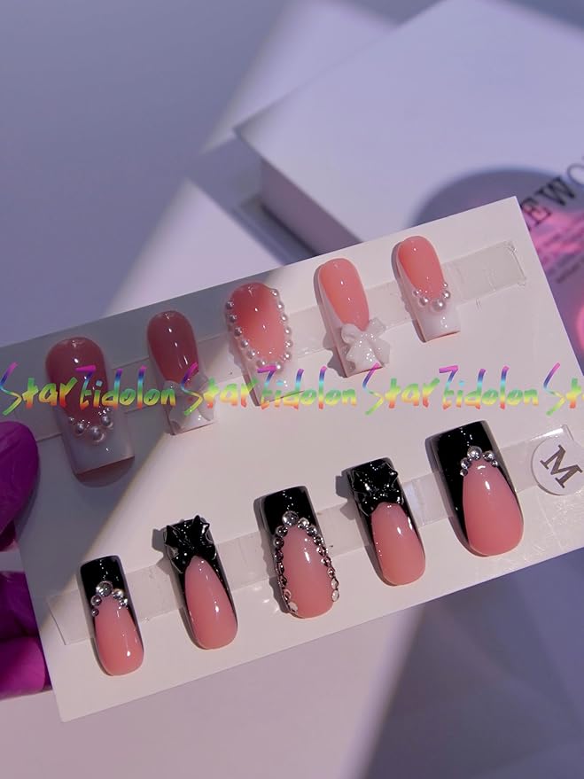 HAND-PAINTED White Press Ons Neon Small Press on Nails Long French Press on Nails Coffin Medium Short Nail art Fake Nail Art Kit with 7g Glue on Nails Handmade Almond Square Nails (TJ59, Custom)