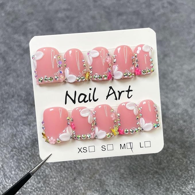 Handmade Square Press on Nails Short Rhinestone French Tip Fake Nails with Luxury 3D Flower Designs Muti-Layer Gel False Nail Full Cover Acrylic Nails Stick on Nail for Wome (Size M)
