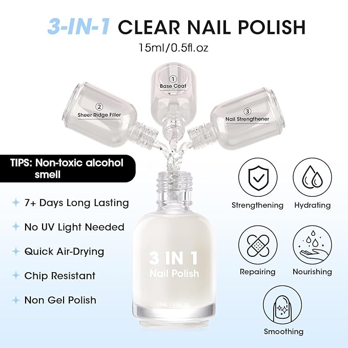 GELLEN Clear Nail Polish Ridge Filling Base Coat, Sheer Milky White Tint Ridge Filler For Nails, Smooth Strengthen Repair Damaged Dry Nails | Shea Butter, Vitamin E, Protein | Toxin HEMA TPO Free
