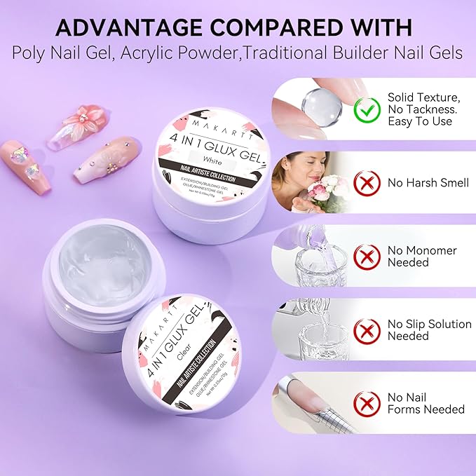Makartt 3D Gel Nail Art for Nails Starter Kit: Clear and White 3D Sculpting Gel Non-Sticky Molding Carving Glue Extension Builder DIY Manicure Gold & Silver Chrome Powder Solid Soak Off Hard Gels