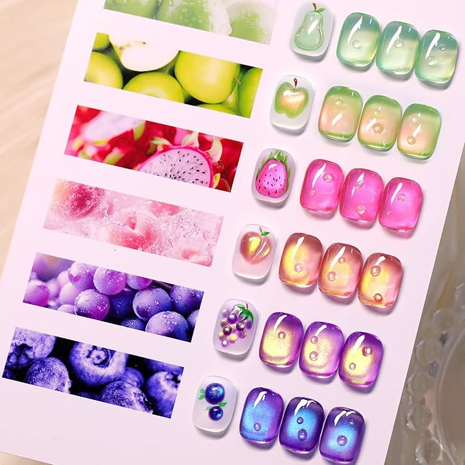 Born Pretty Fruit Colors Cat Magnetic Eye Gel Nail Polish Set,6 Colors Spring Summer Rose Pink Green Grape Purple Crystal Glass Magnetic Shimmer Glitter Gel Polish for Salon Manicure DIY 7ML