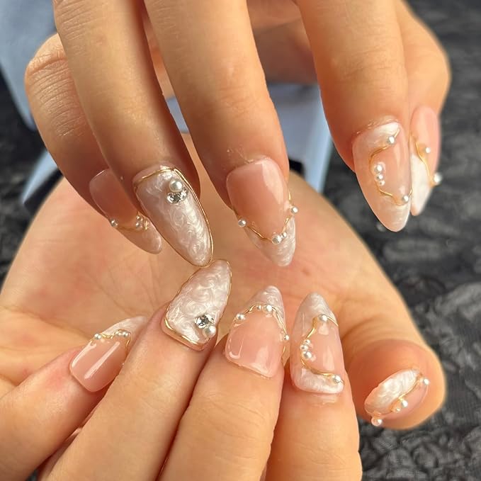 Handmade Press On Nails Short Almond,Nude Pink Acrylic Nails,Luxury Nail Press On with Charm Pearl Design for Wedding&Party Wear-True Love Design Concept