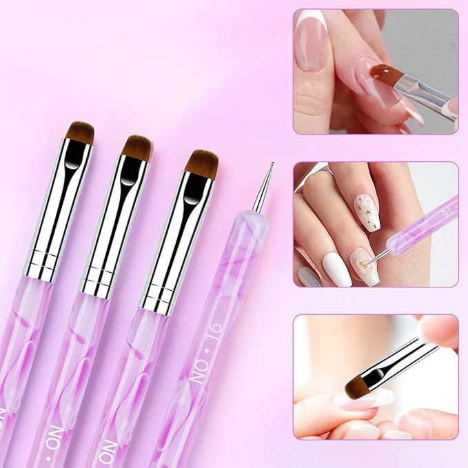 4Pcs Professional Nail Art Brushes Set,French Tip Brush & Nail Polish Clean Up Brush,10#/12#/14#/16# Sizes with Dotting Tool for Manicure Cuticle Detail Designs