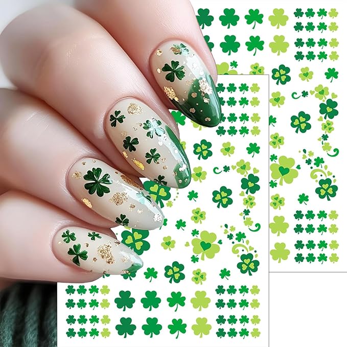 6 Sheet St. Patrick’s Day Nail Stickers – Irish Shamrock Green Clover Carnival Festival Fake Nail Decals 3D Self-Adhesive for Women Girls Summer Holiday Nail Art Decorations