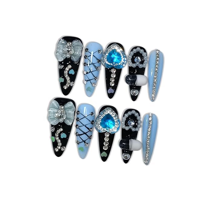 Gothic Blue Press on Nails with Tools Kit, 10pcs Long Stiletto Matte Black & Blue Nails, Blue Rhinestones, Bows & 3D Hand-Painted Art, Reusable & Easy Apply for Night Events (Size XS)