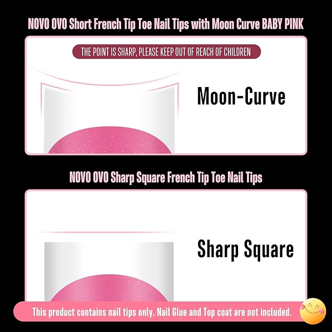 NOVO OVO Halloween Short Toe Nail Tips White French Tip with Moon Curve, ROSE PINK Thick Sharp Square Toenail Extension, Soft Gel False Nail Kit, Need Glue Builder Gel Top Coat x 15 Sizes 240 pcs