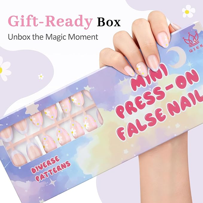 16 Sizes Press on Nails Kit for Kids - 32 Pieces French Almond Fake Nail Tips for Girls 8-12 Years Old with Jelly Nail Adhesives & No-Lamp Nail Glue, Birthday Christmas Gift