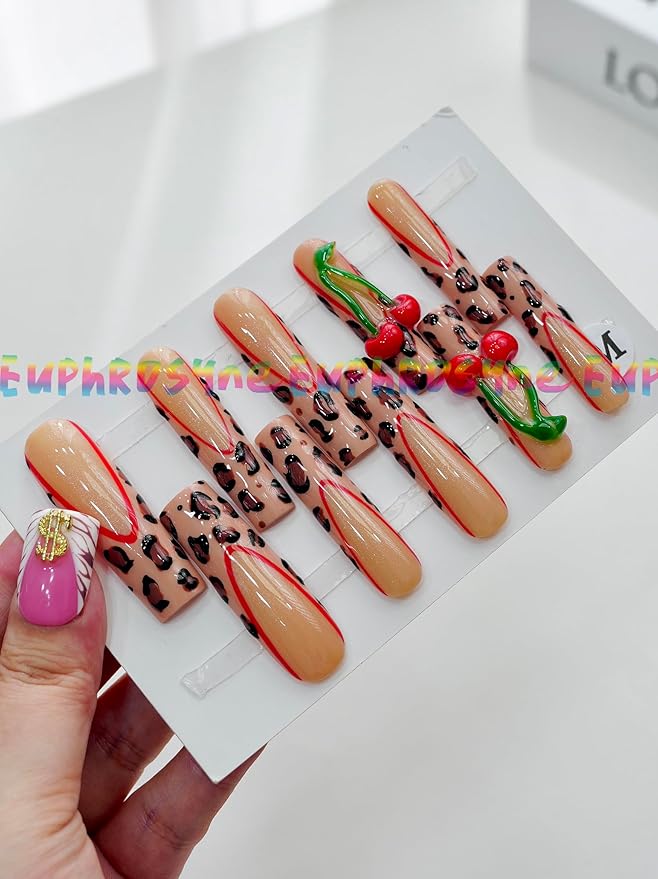 Cherry and Leopard Print Press On Nails – 10PCS Long Coffin Fake Nails with Red French Tips & 3D Fruit Charms, Reusable Glossy Summer Nails for Women and Girls – Euphrosyne