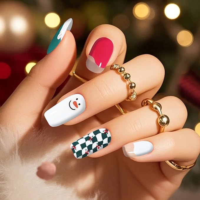 Christmas Semi Cured Gel Nail Strips, 28 pcs Gel Nail Stickers Christmas Tree Snowman Work with Any UV Lamps, Long-Lasting Nail Art Wraps Polish Elk, Salon-Quality, Easy to Apply