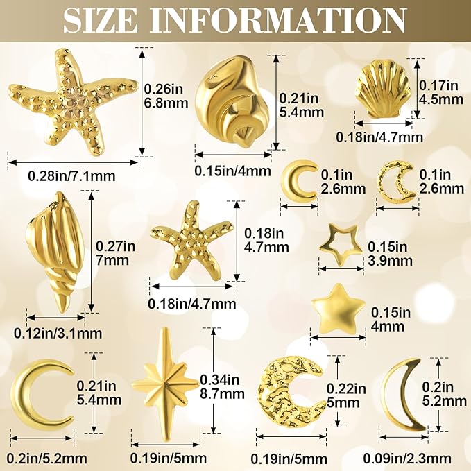 2 Disc Ocean Nail Art Charms, 3D Alloy Nail Art Decals, Beach Starfish Seashell Gems Supplies for Women DIY Craft Jewelry Manicure Embellishments- Gold