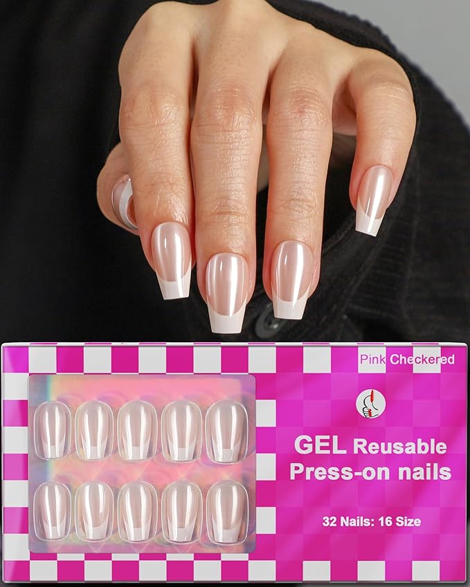 16 Sizes Coffin Press on Nails French Tip Chrome Reusable 32pcs Glossy Gel Fake Nails with Glue and Jelly Stickers (Glazed French)