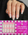 16 Sizes Coffin Press on Nails French Tip Chrome Reusable 32pcs Glossy Gel Fake Nails with Glue and Jelly Stickers (Glazed French)