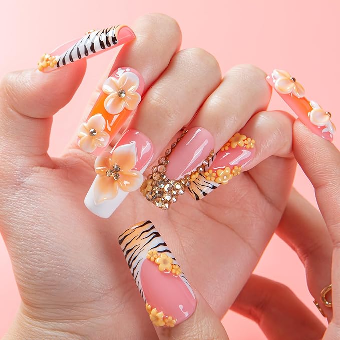 LOVFUL Short French Tip Press on Nails Citrus Muse | Handmade Acrylic Press ons| Reusable Fake False Nails | Square Classic Regular 1.3in | H672-S