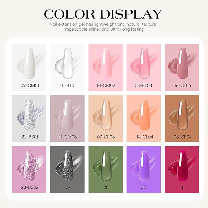 COSCELIA 22PC Poly Nail Gel Kit Starter Kit, 15 Colors 16ML Poly Nail Extension Gel Colors for Beginners without Lamp Thickening Solutions Top Base Coat at Home Gifts for Women