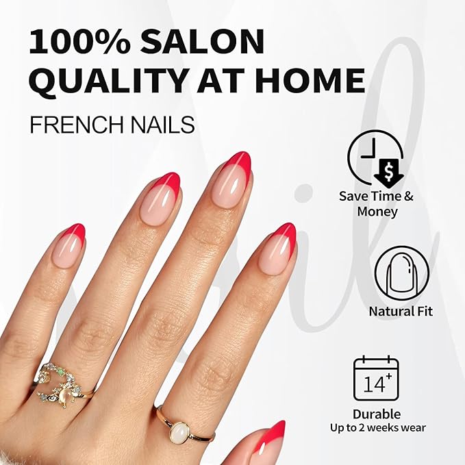 Red French Tip Press on Nails Short - SHANGMENG Soft Gel Valentines Almond Nails for Women Gift, Fit Perfectly & Natural Glue on Nails with Glue in 16 Sizes - 32 Reusable Fake Nails, Red French