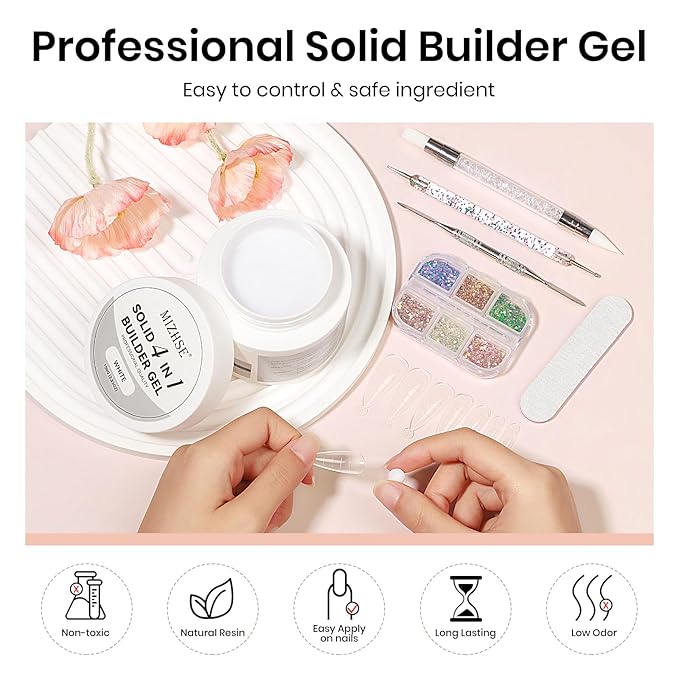 MIZHSE 100g Milky White Solid Builder Gel for Nails, Large Capacity Hard Builder Gels Kit for Nails Sculpting for 3D Art Gel U V LED with 36pcs Dual Form, for Nail Salon Home DIY