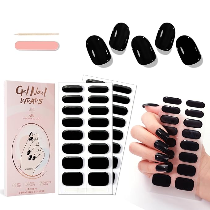 WOKOTO 2 Sheets Semi Cured Gel Nail Strips (Black)-16 Pcs Per Sheet Gel Nail Stickers | Gel Nail Wraps | Uv Light Required, Salon Quality, Real Nail Polish Strips Stick On Nails Kit With Nail File