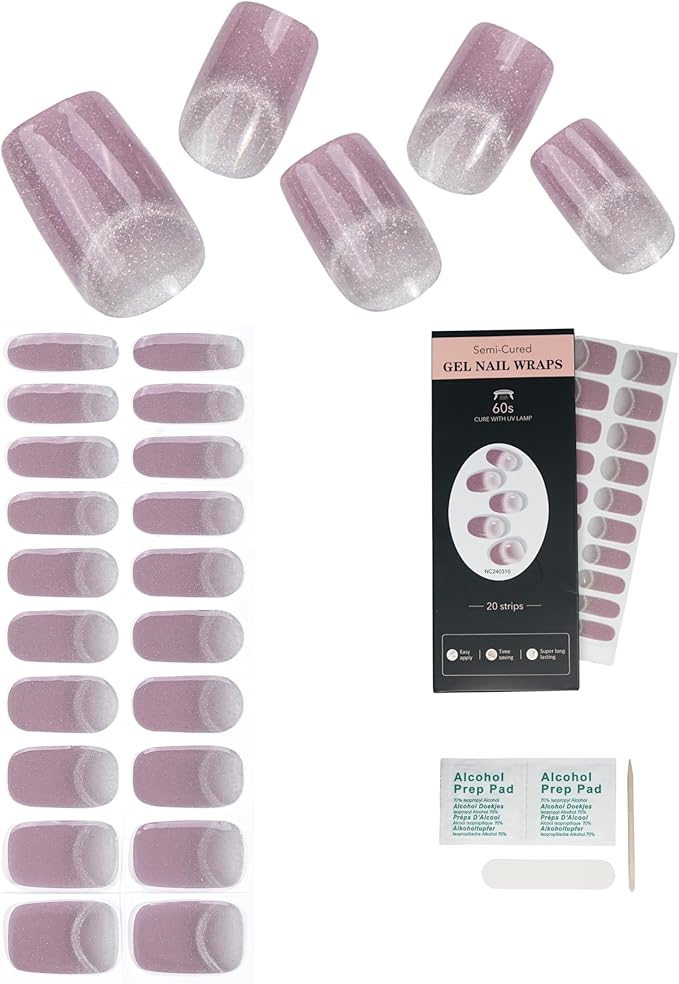 Cat Eye-Inspired 20pcs Semi Cured Gel Nail Strips - Salon-Grade DIY Wraps with Glaze Texture, Easy Application, UV Light Required for Stylish Nails