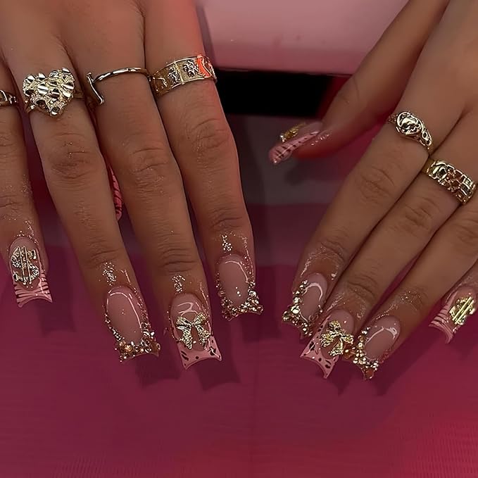 Bow Press on Nails French Tip Fake Nails Pink Glue on Nail with Charms Design Rhinestone False Nail Glossy Full Cover Artificial Acrylic Stick on Nails for Women Girls Manicure 24Pcs